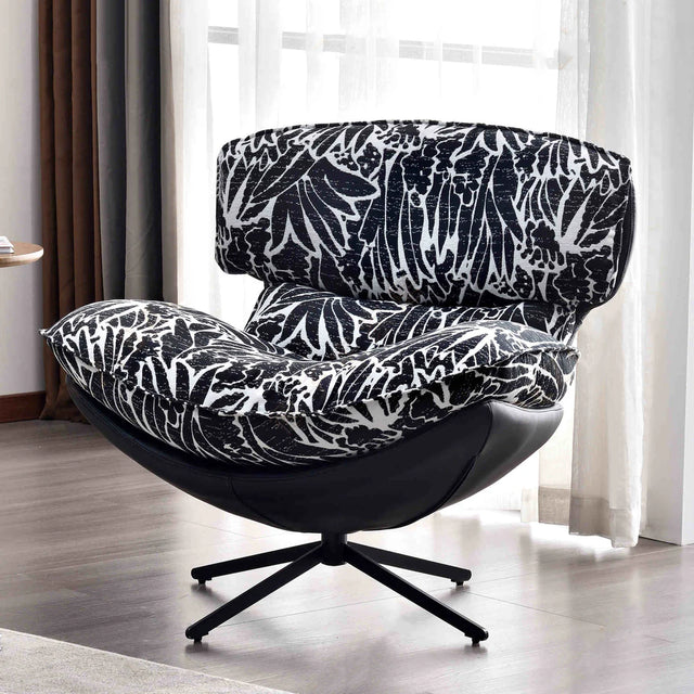 Modern Black & White Botanical Swivel Lounge Chair - Pod Style - 6030