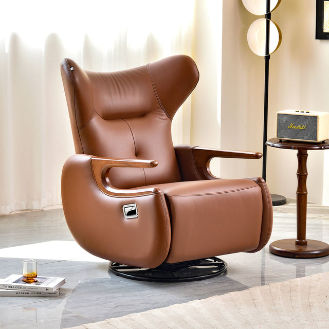 Modern Brown Leather Power Recliner Swivel Chair with Wingback - D855