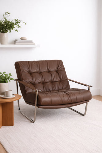 The Mid-Century Tufted Leather Lounge Chair  Vintage Brown & Polished Chrome 299