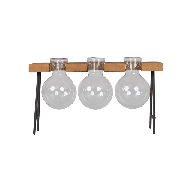 Triple Glass Bulb Hydroponic Planter with Wooden Stand – Tabletop Plant Holder - BL 12 - Office Empire
