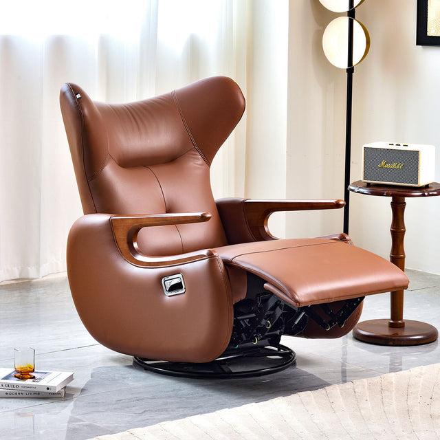 Modern Brown Leather Power Recliner Swivel Chair with Wingback - D855